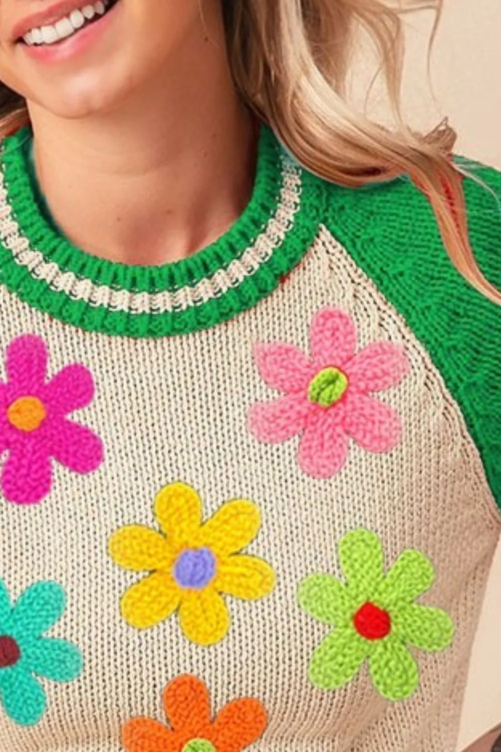Crochet Flower Patches Striped Rib Band Sweater, image 3