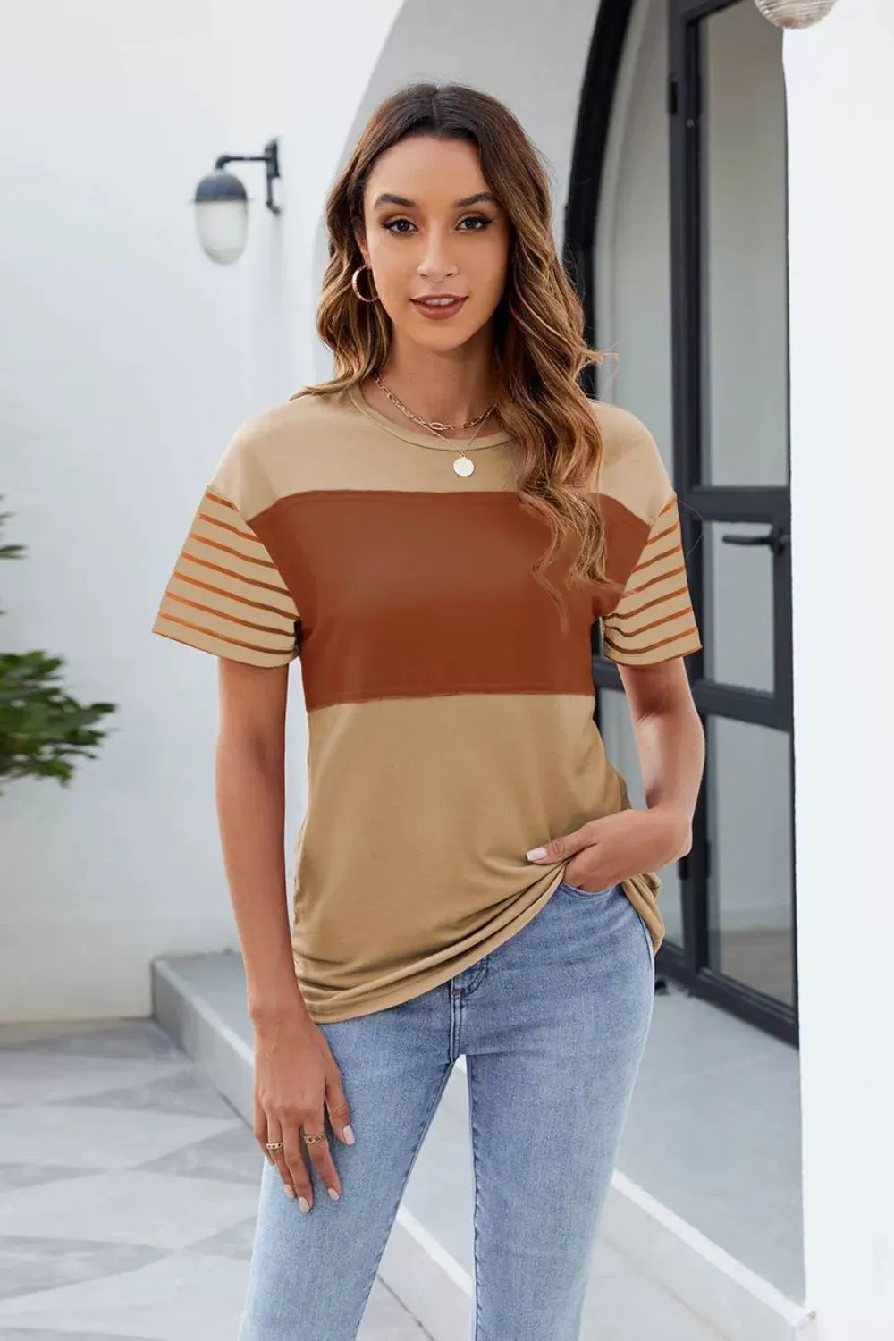 Color Block Round Neck Short Sleeve T-Shirt, image 2