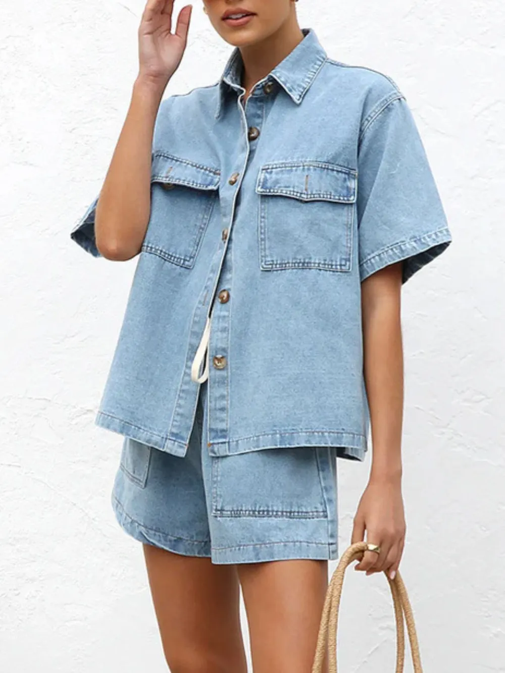 Button Up Short Sleeve Top and Shorts Denim Set, image 10
