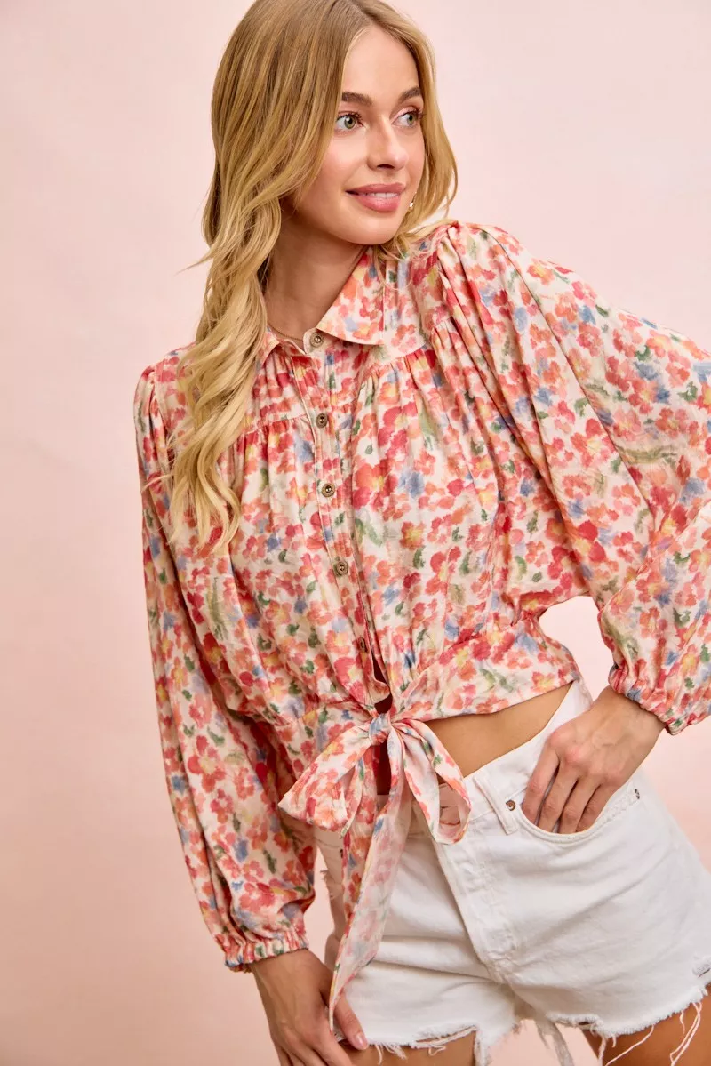 BiBi Floral Print Tie Hem Detail Crop Shirt, image 6