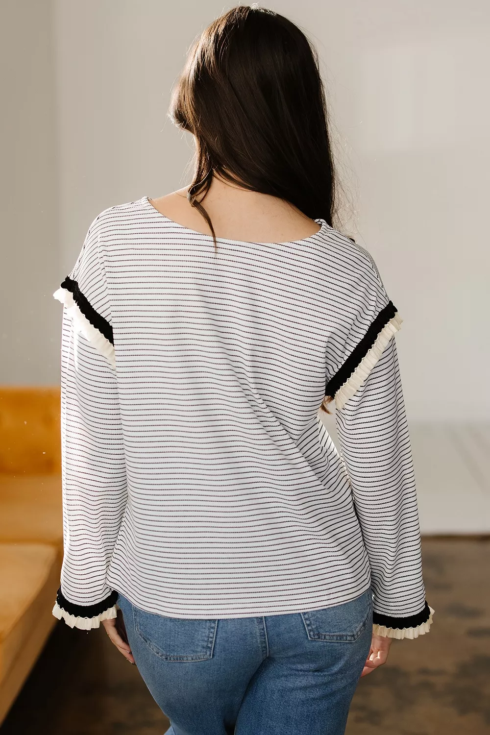Stripe Contrasted Ruffle Trim Loose Long Sleeve Top, image 3