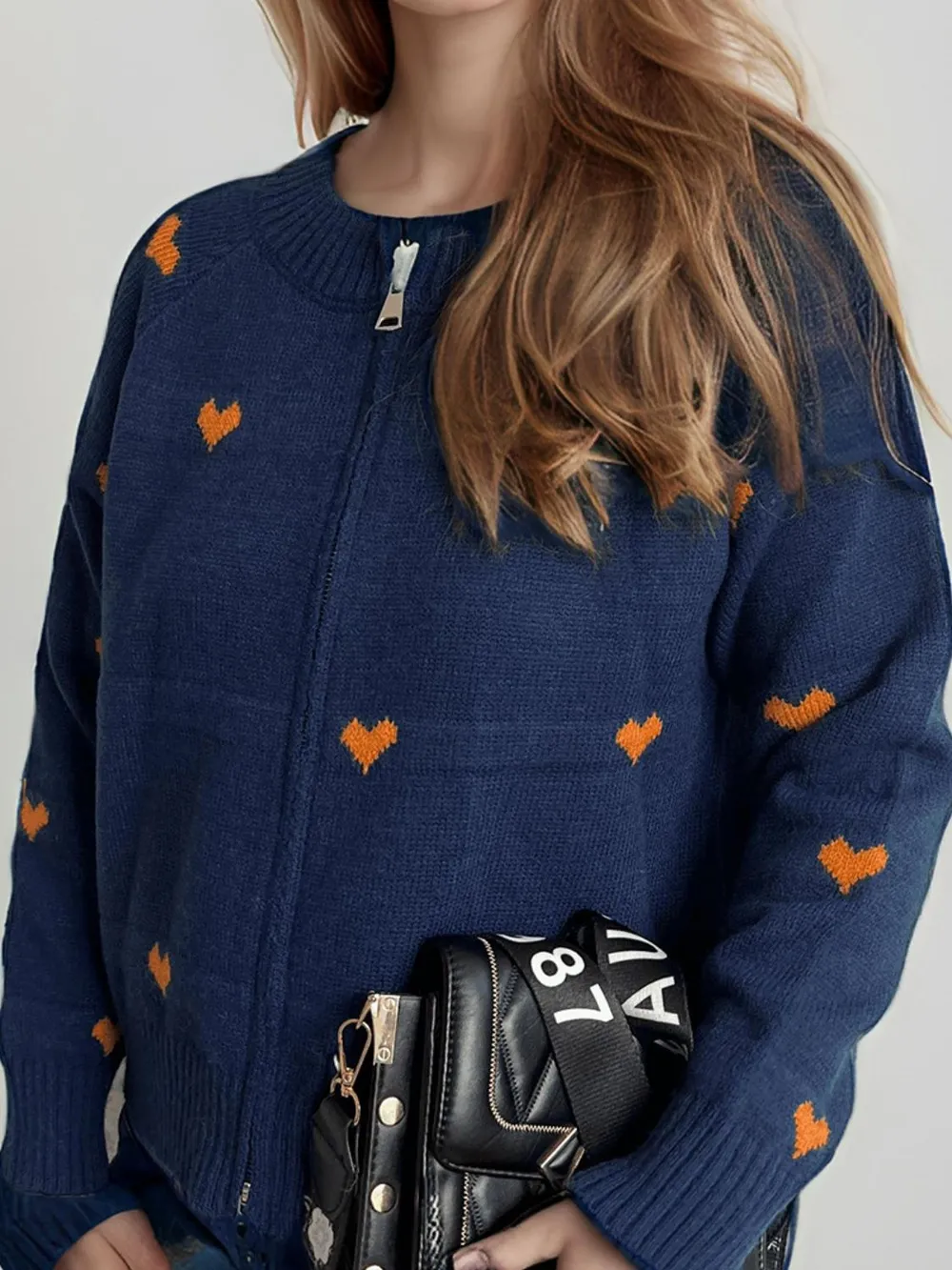 Heart Round Neck Zip Up Cardigan, image 4