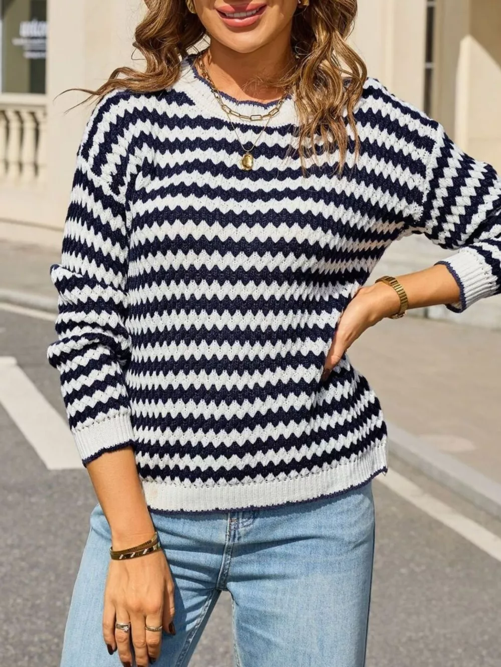 Striped Zigzag Knit Round Neck Sweater, image 10