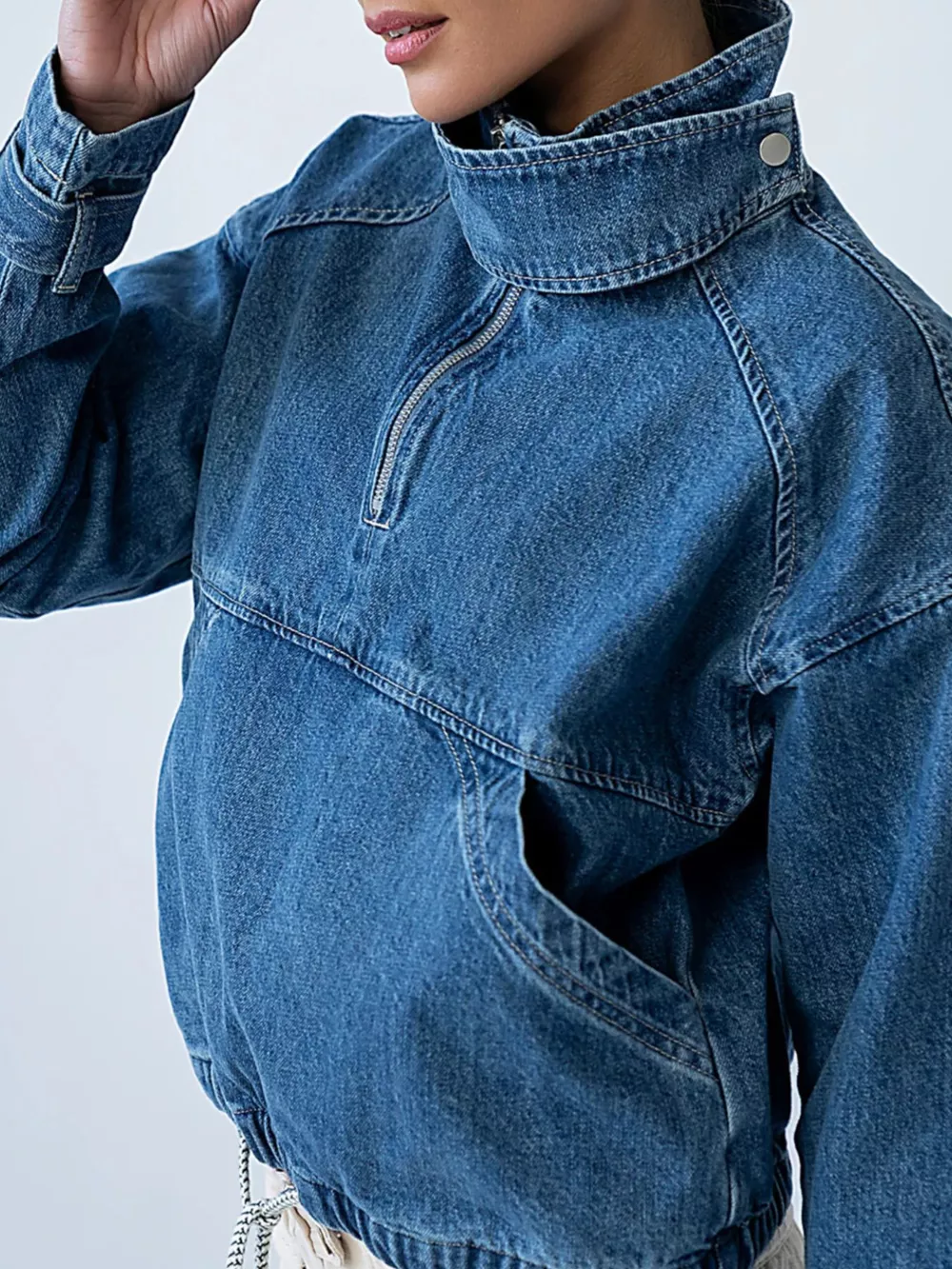 Half-Zip Turtleneck Denim Top, image 4