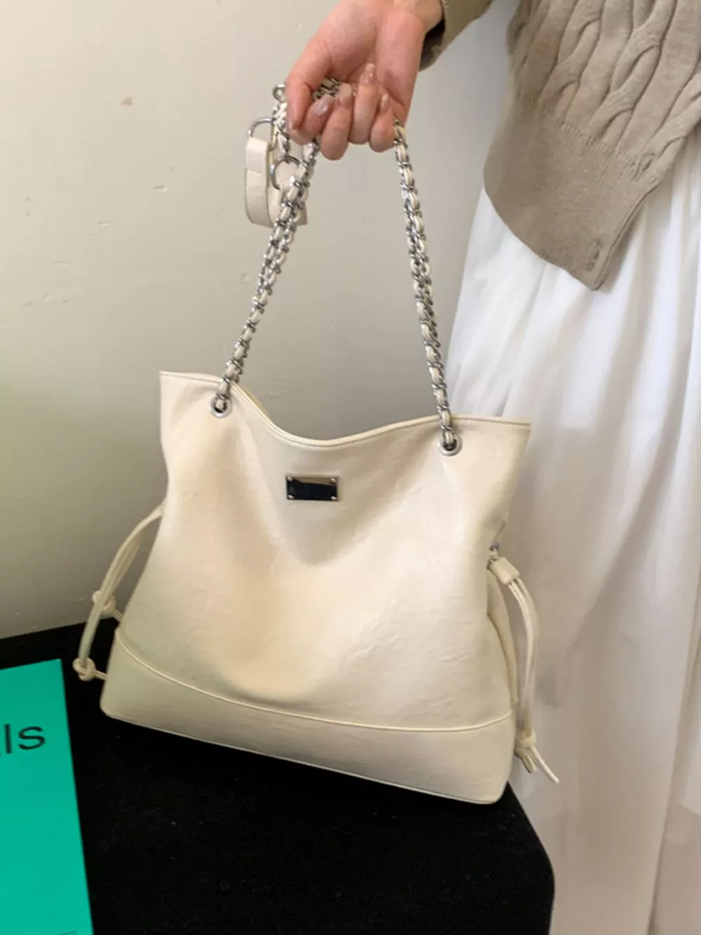 Chain Strap Faux Leather Tote Bag, image 7