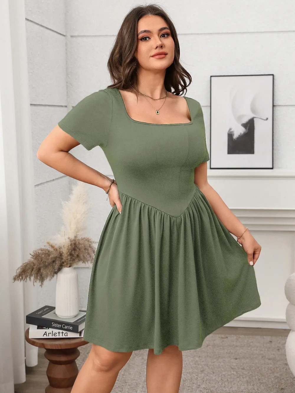 Plus Size Square Neck Short Sleeve Mini Dress, image 11