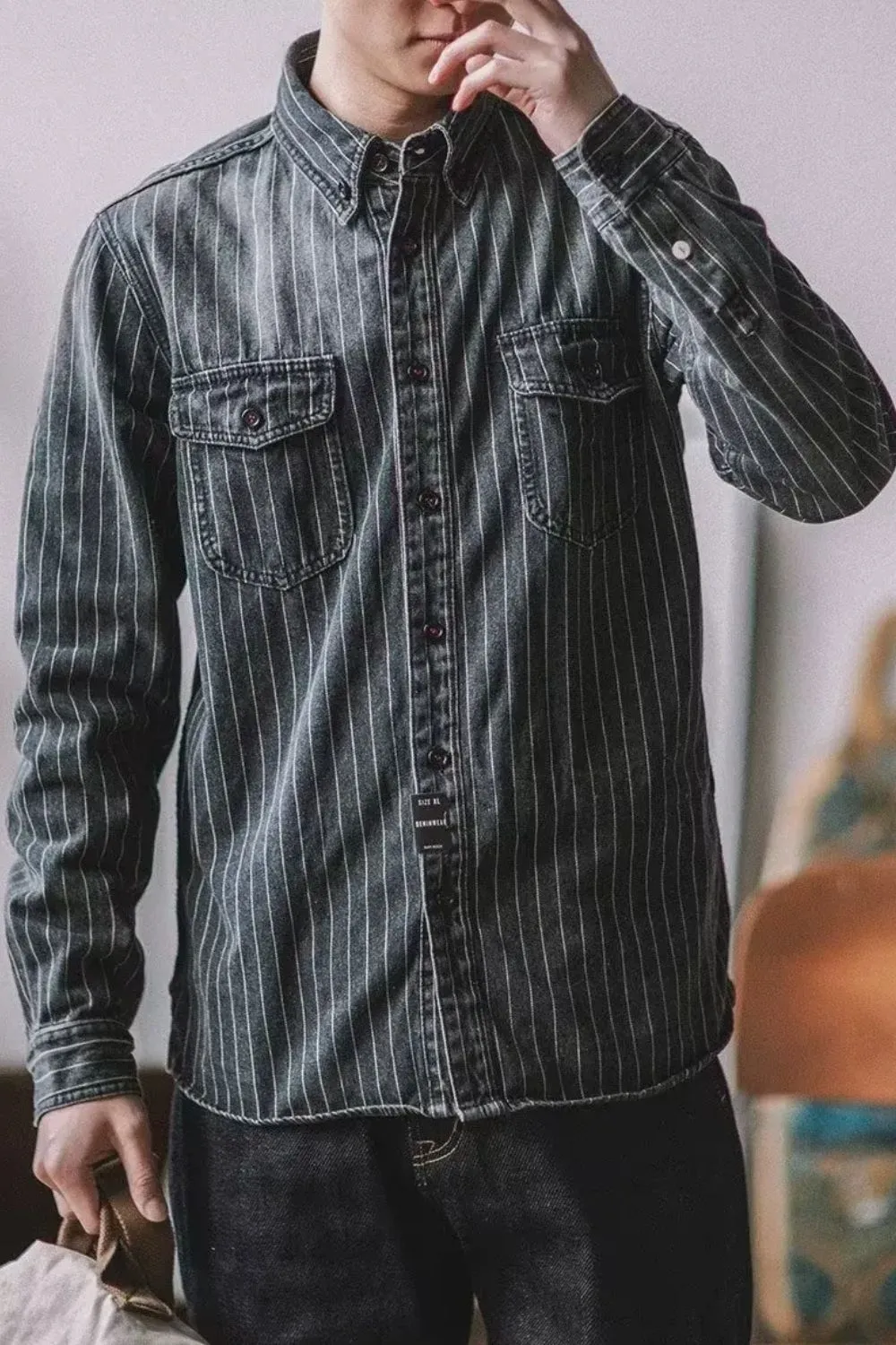 Men's Plus Size Striped Button Up Long Sleeve Denim Shirt, image 2