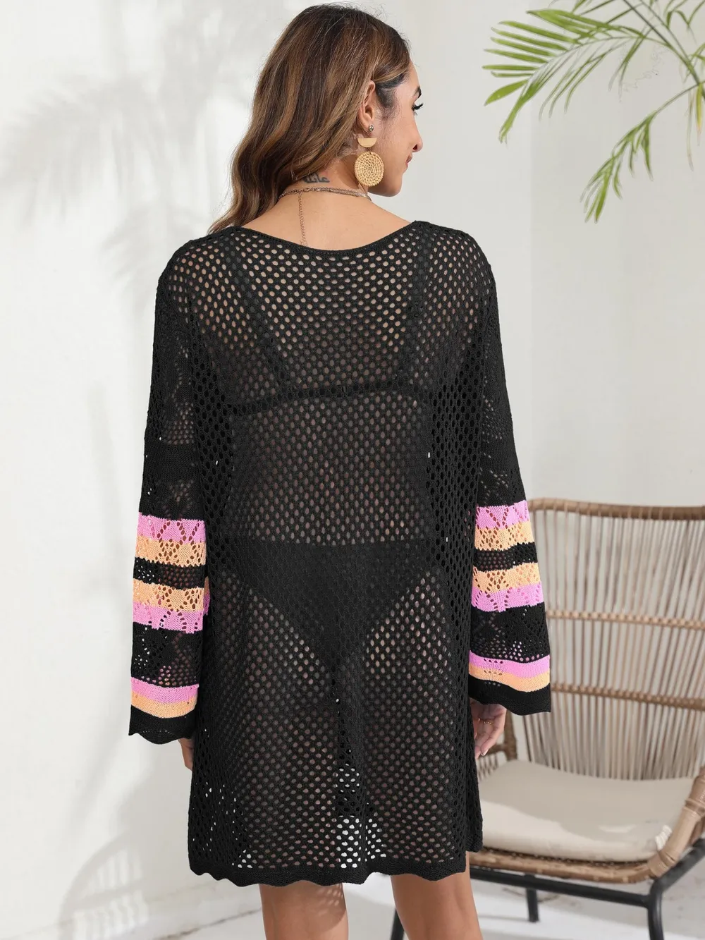 Openwork Contrast Long Sleeve Cover-Up, image 13