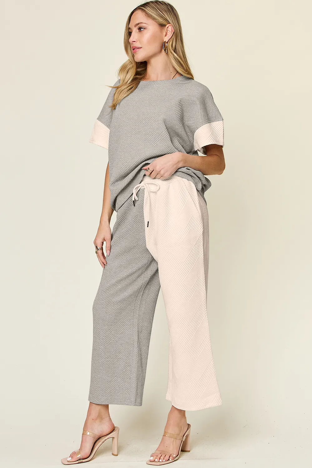 Full Size Texture Contrast T-Shirt and Wide Leg Pants Set, image 16