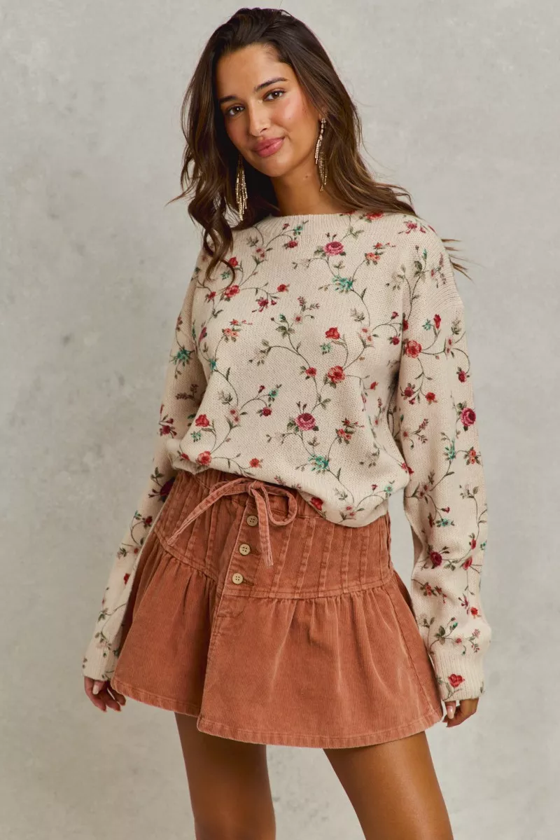 Mineral Wash Pintucked Corduroy Mini Flared Skirt, image 5
