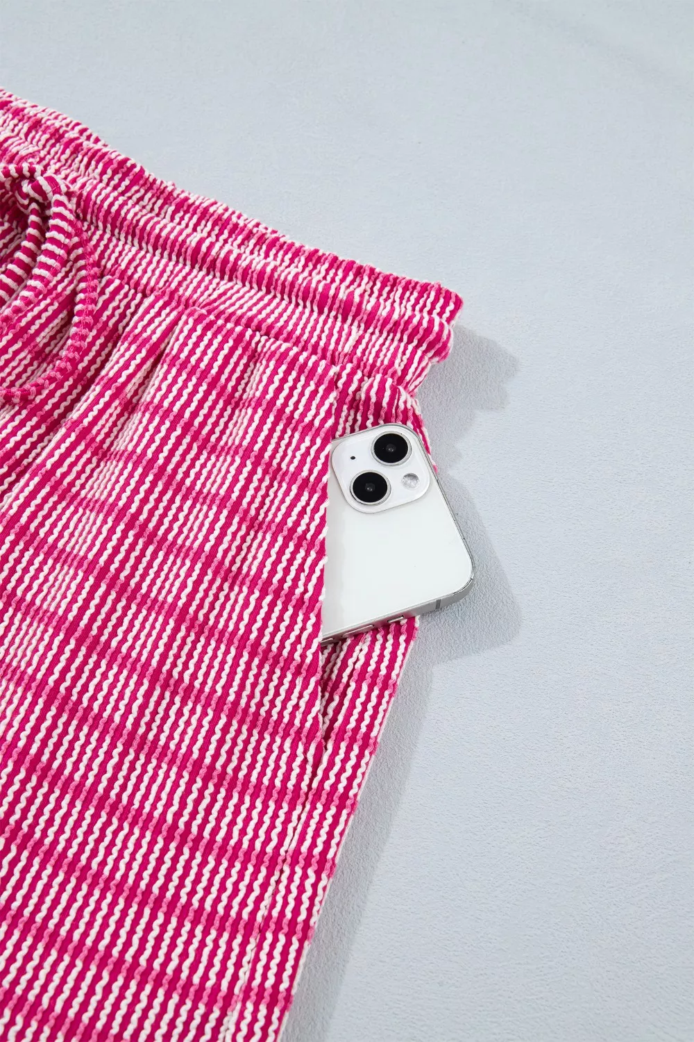 Stripe Raised Rib Loose Tee Drawstring Elastic Waist 2pcs Short Set, image 8