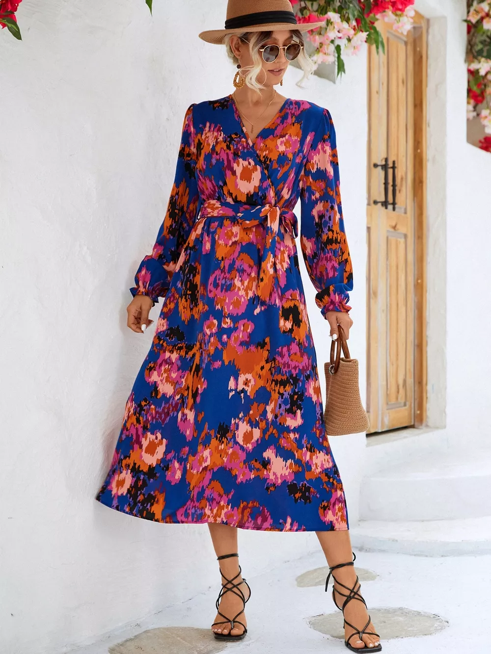 Printed Surplice Long Sleeve Midi Dress, image 11
