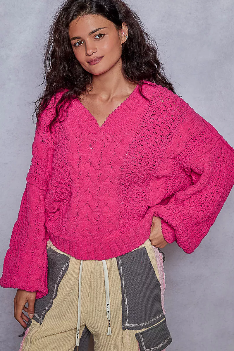 Cable-Knit Solid V-Neck Cropped Sweater, image 10