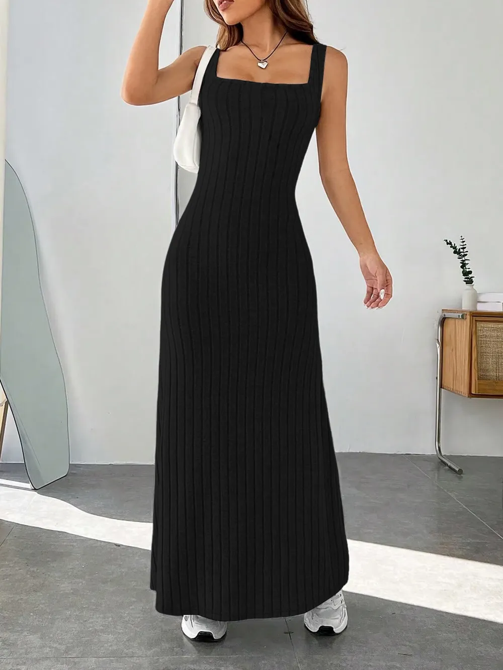 Ribbed Knit Square Neck Sleeveless Maxi Dress, image 16