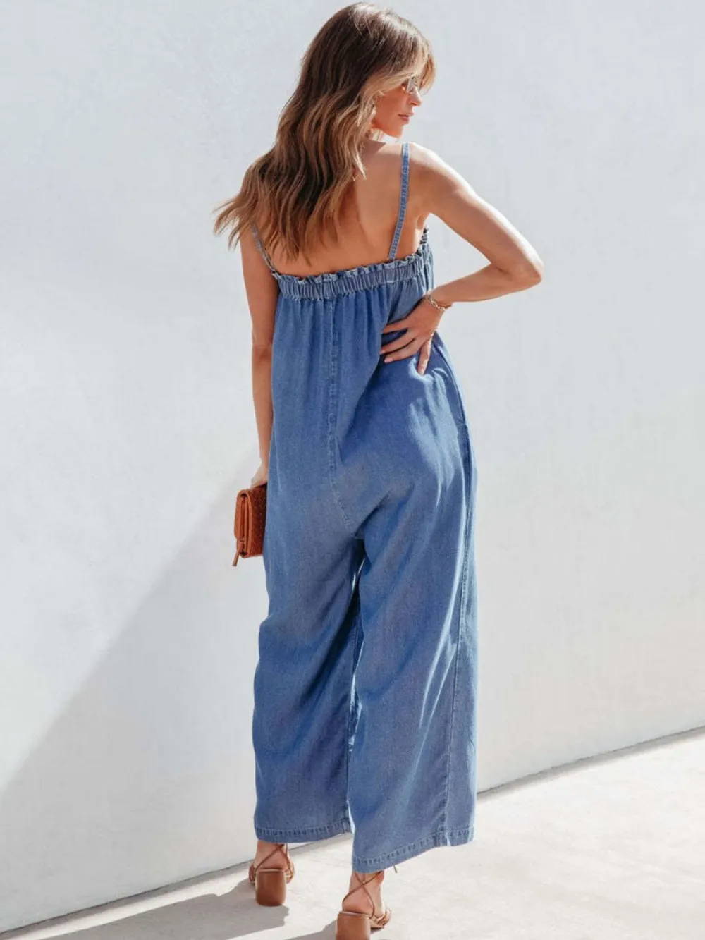 Spaghetti Strap Wide Leg Denim Jumpsuit, image 5