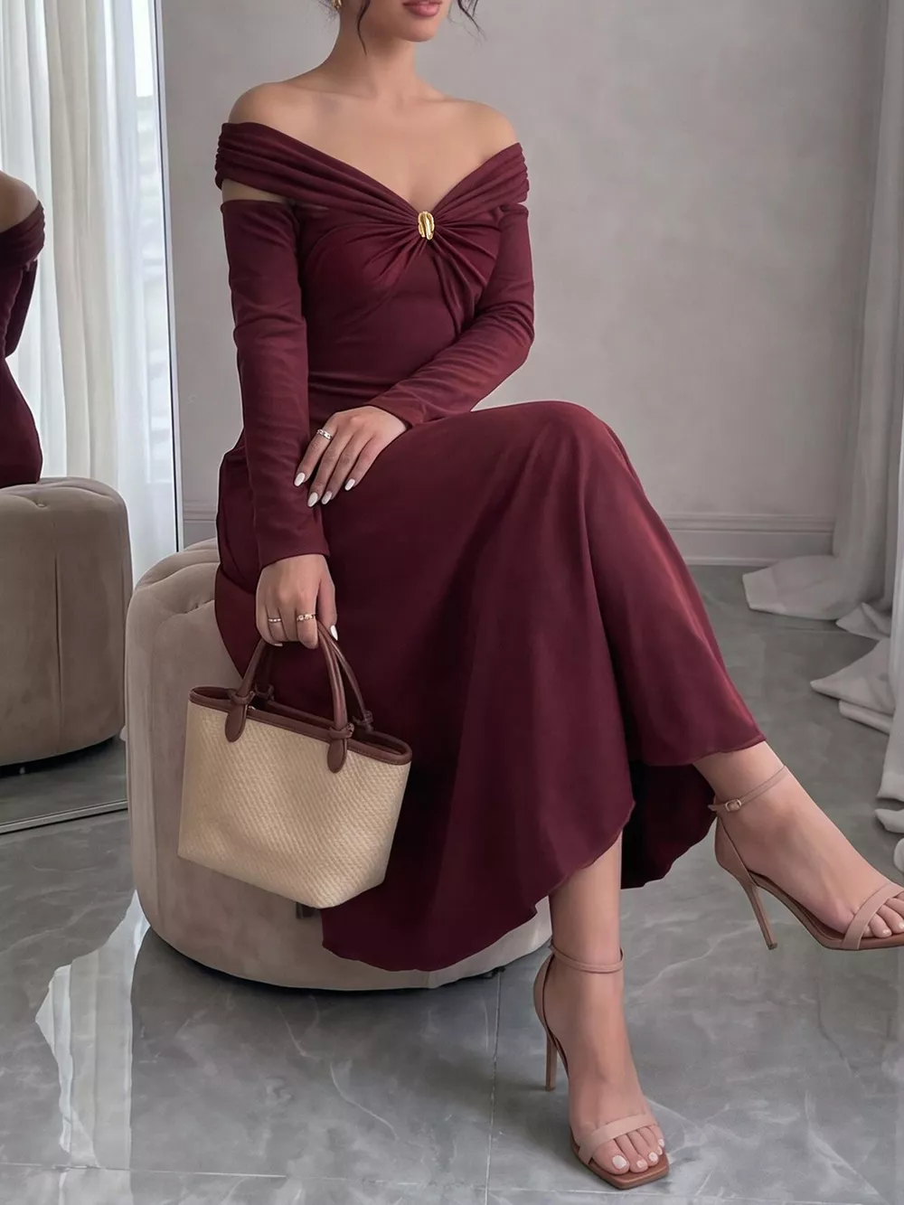 Off-Shoulder Long-Sleeve Maxi Dress, image 3