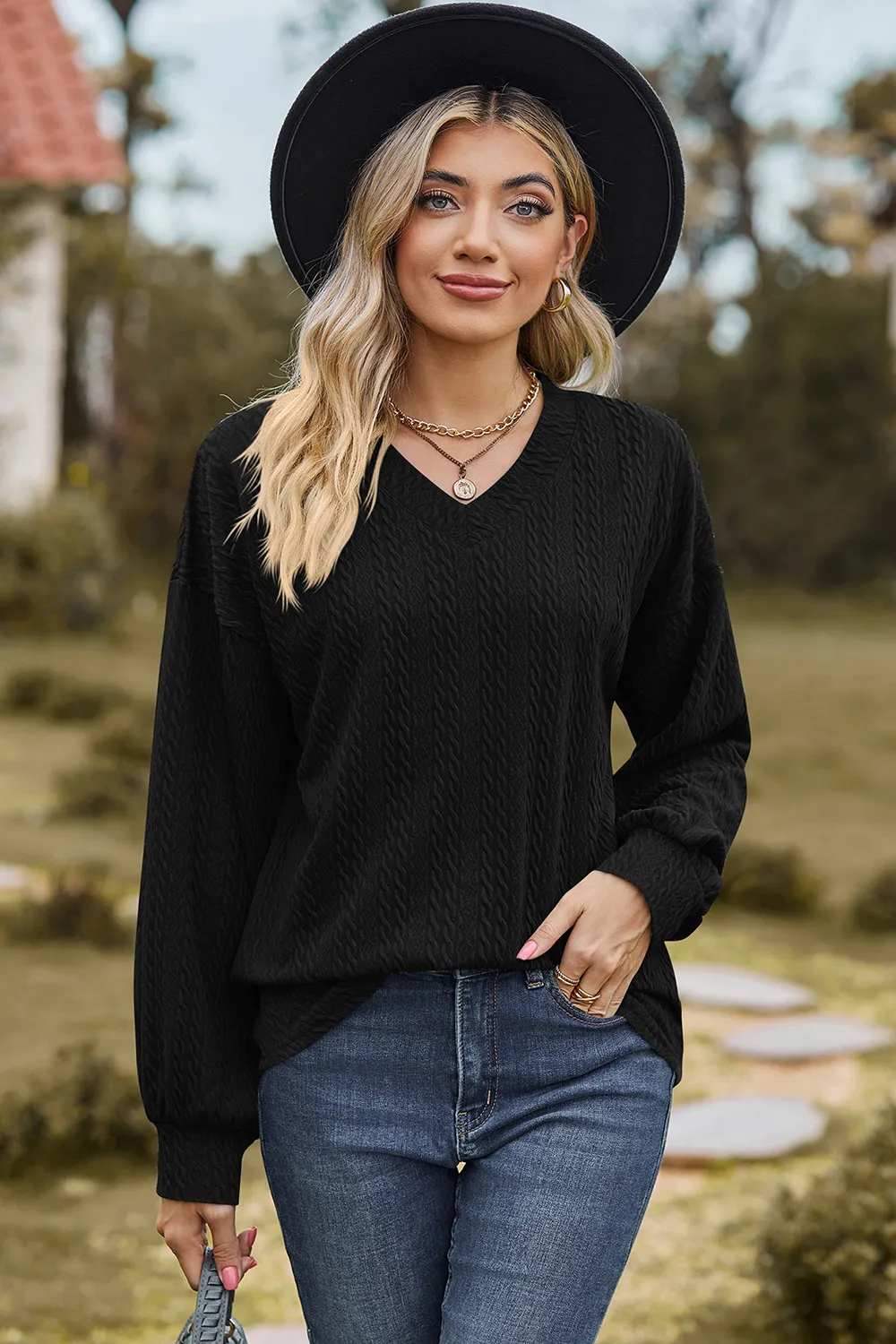Textured V-Neck Dropped Shoulder T-Shirt, image 5