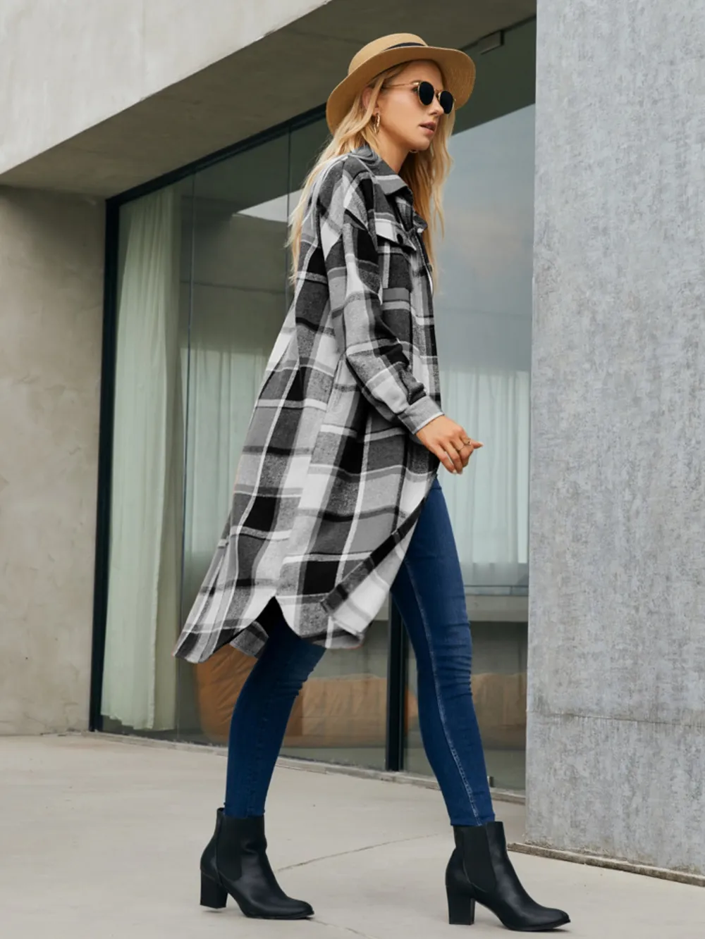 Plaid Pocketed Button Up Trench Coat, image 6