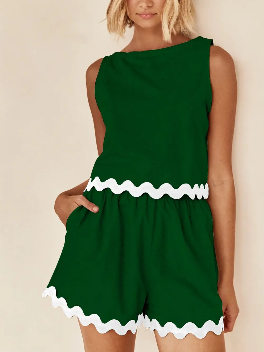 Contrast Trim Round Neck Tank and Shorts Set, image 16