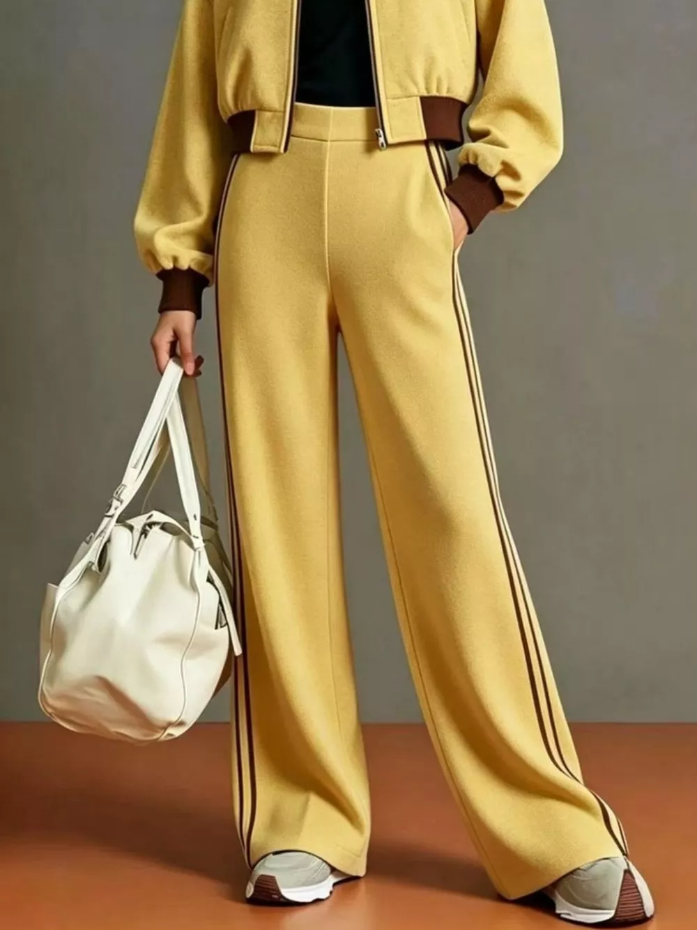 Contrast Ribbed Jacket and Wide-Leg Pants Tracksuit Set, image 6