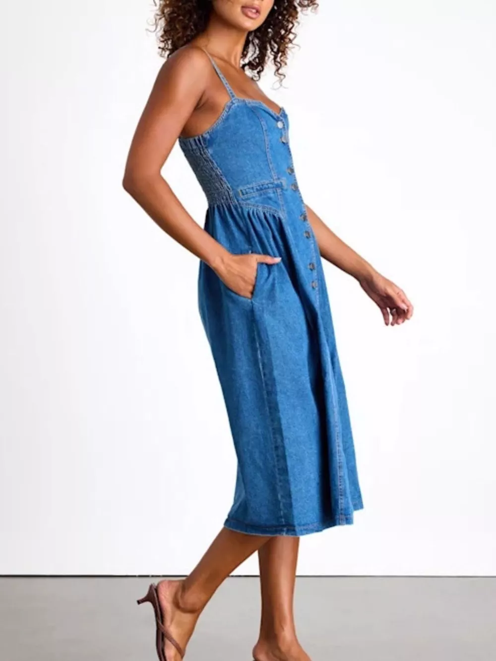 Button-Front Midi Denim Dress, image 4