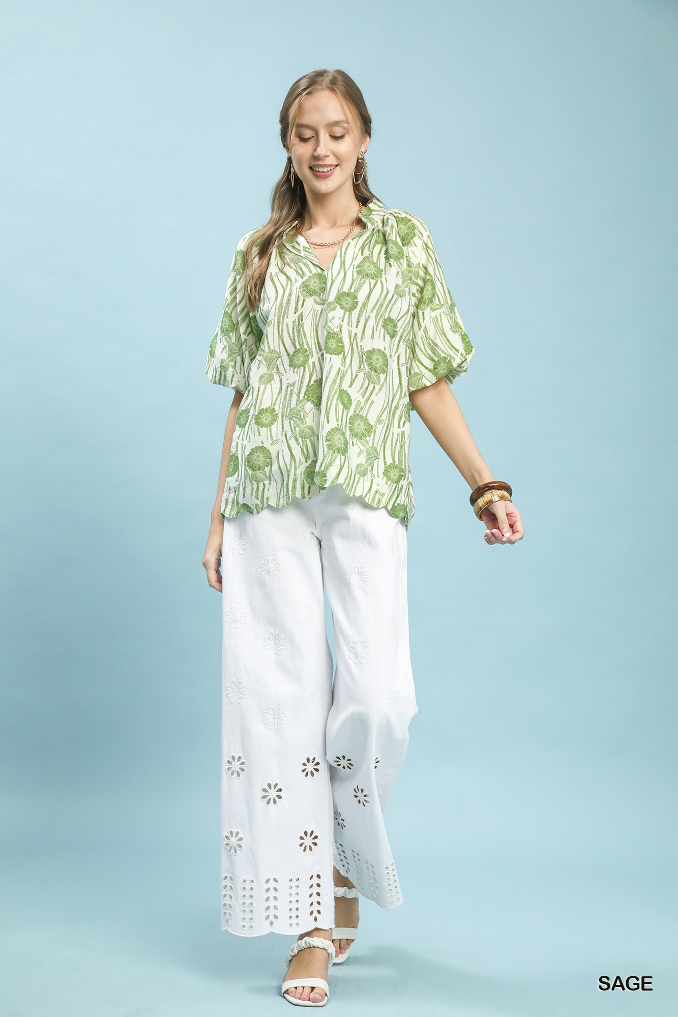 Floral Scalloped Edge Puff Sleeve Blouse with High-Low Curved Hem, image 4
