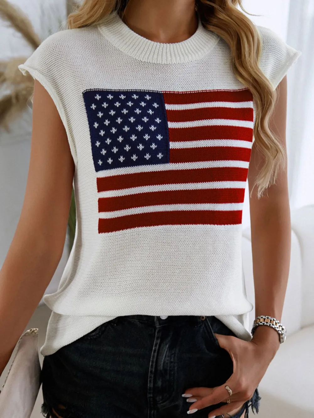 US Flag Round Neck Sweater Vest, image 2