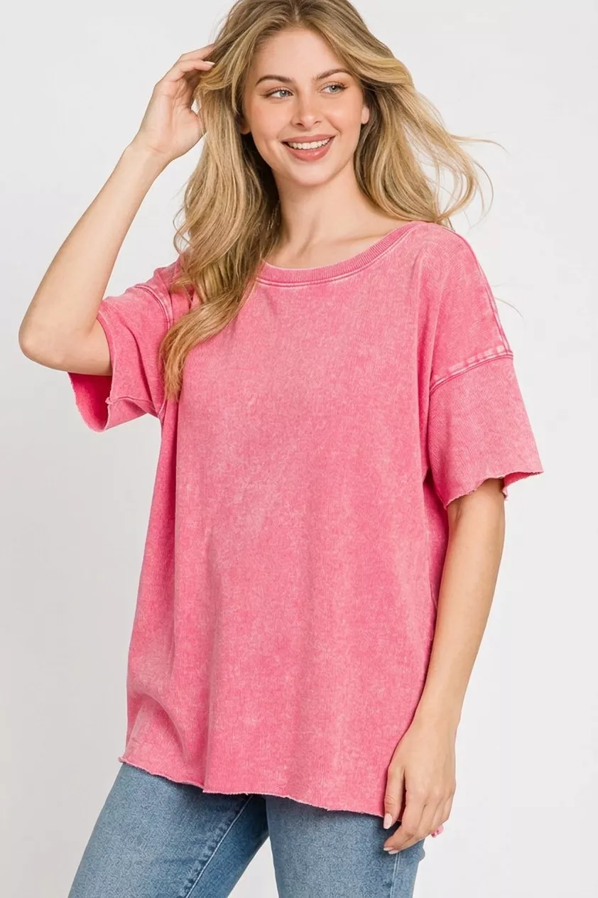 Acid Wash French Terry Drop Shoulder Raw Edge Top, image 3