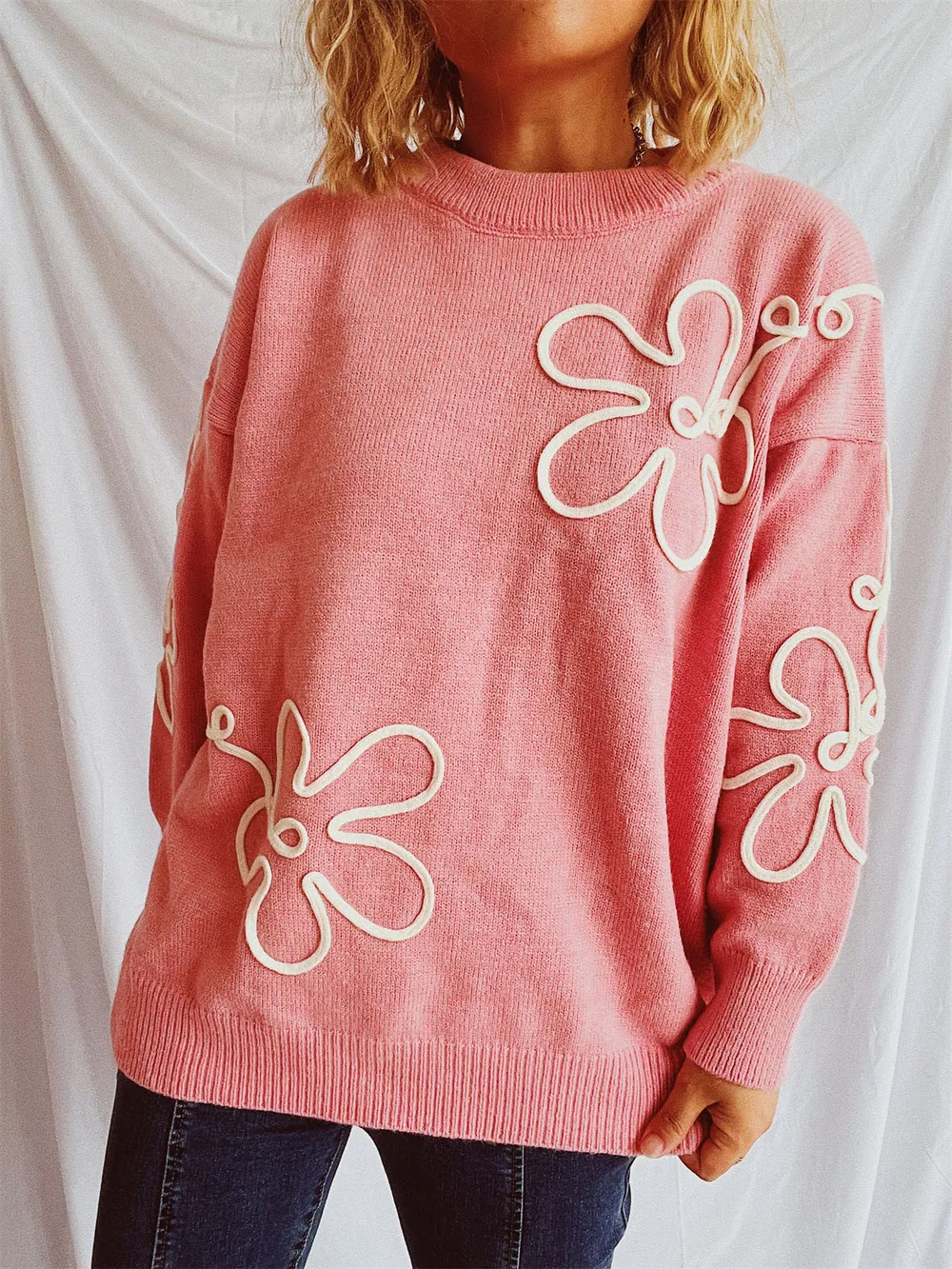 Flower Round Neck Long Sleeve Sweater, image 9