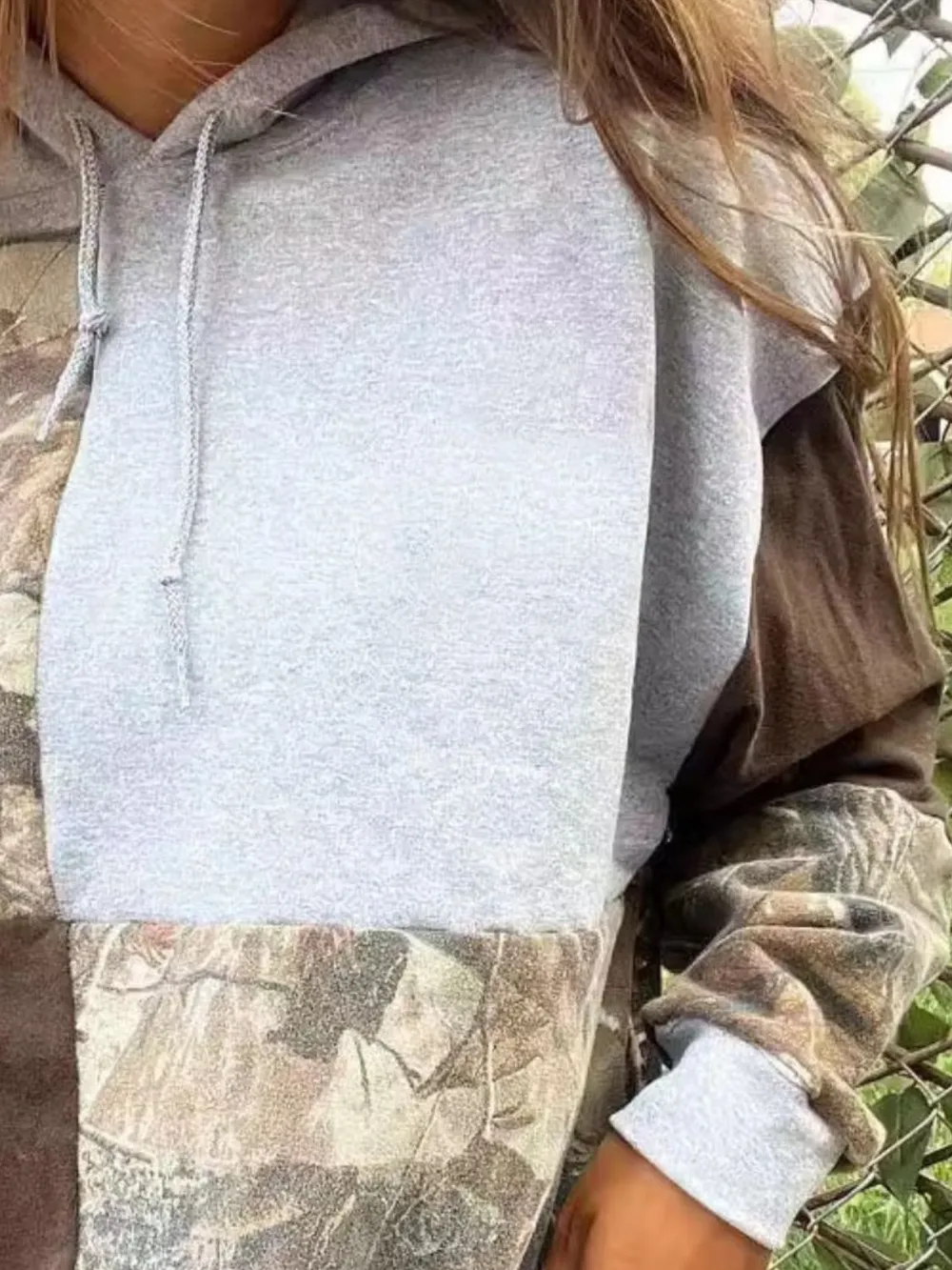 Full Size Drawstring Patchwork Long Sleeve Hoodie, image 3