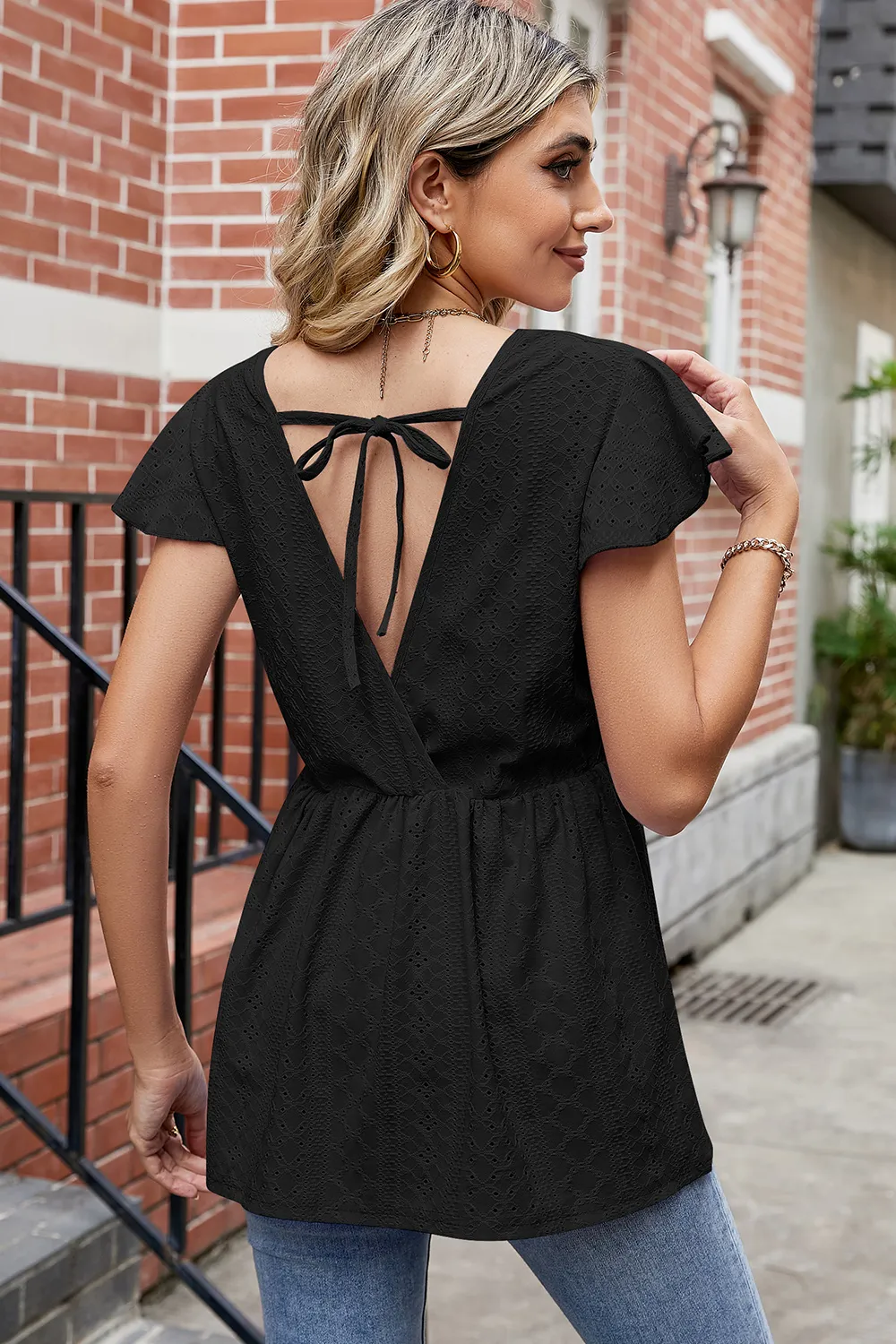 Tied Ruffled Round Neck Peplum T-Shirt, image 8
