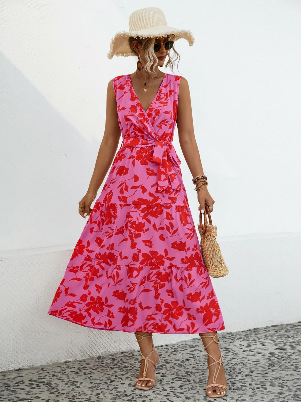 Tied Printed Surplice Tiered Dress, image 10