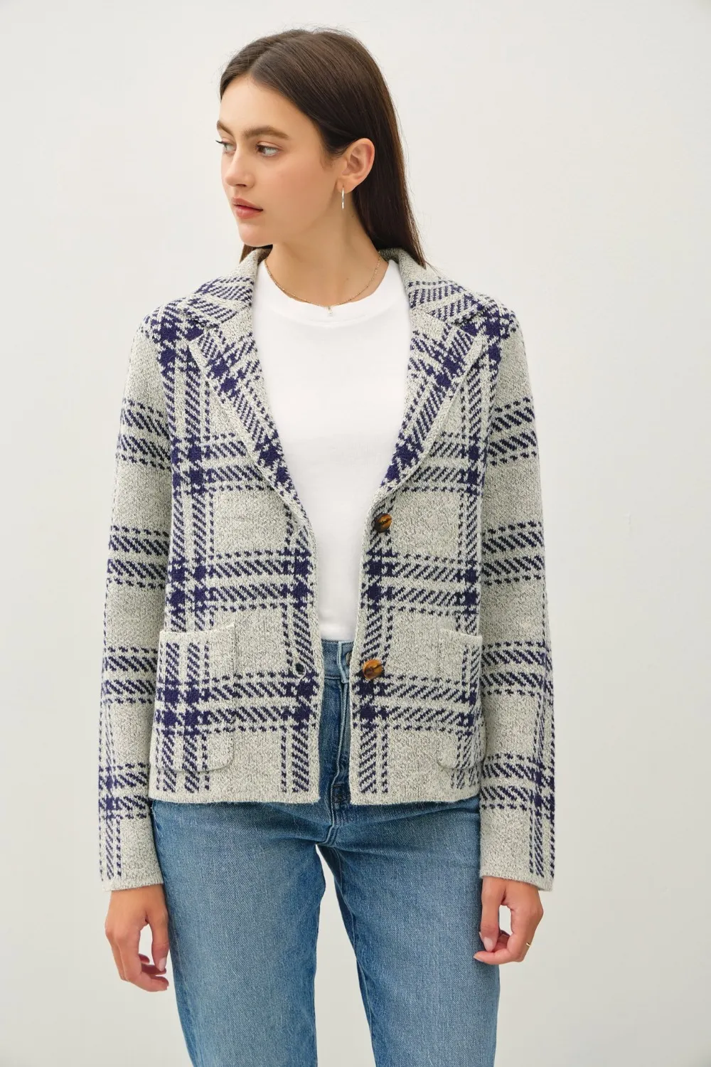 Plaid Long Sleeve Sweater Jacket with Front Patch Pockets, image 4