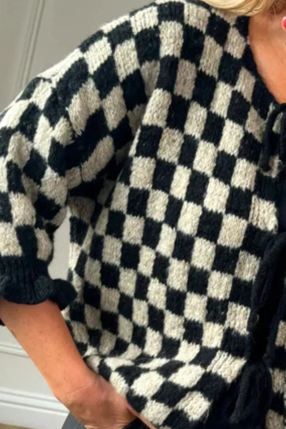 Tied Checkered Dropped Shoulder Flounce Sleeve Cardigan, image 16