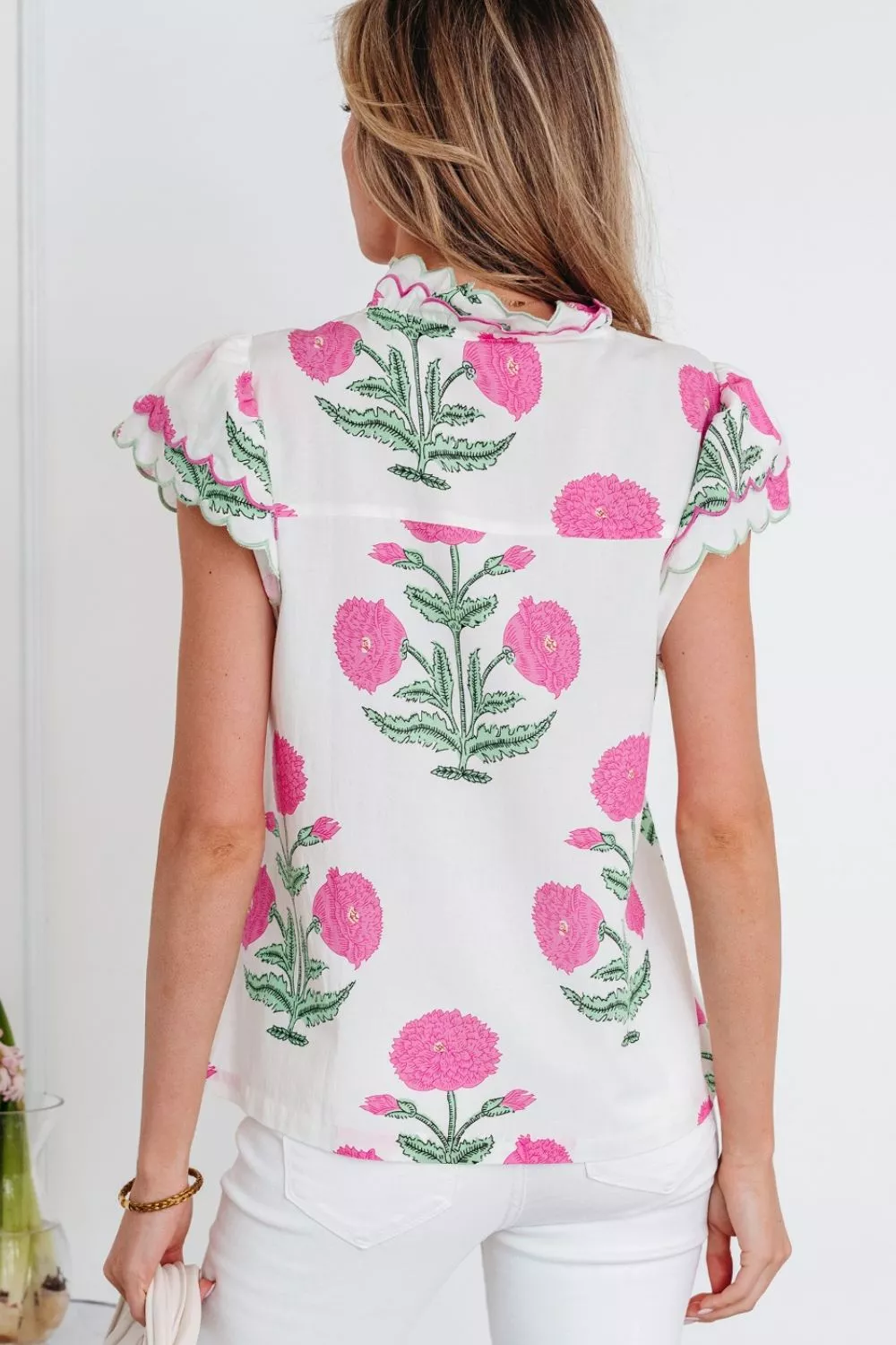 Contrast Scallop Trim Layered Short Sleeve V Neck Blouse, image 4