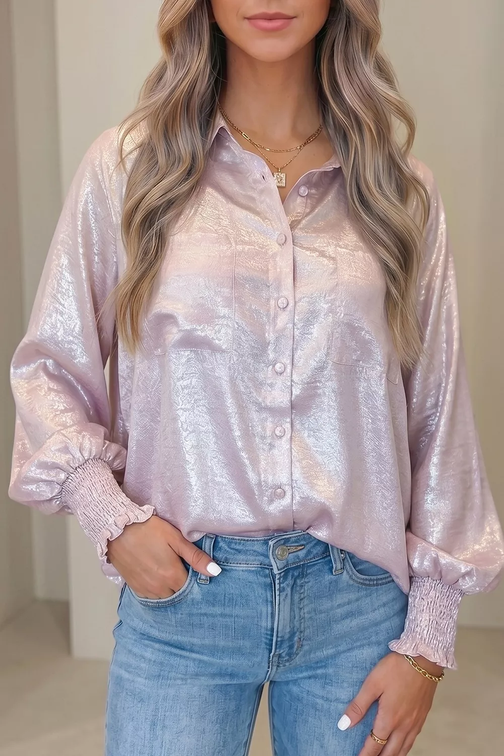 Long Sleeve Button Front Ruffle Cuffs Back Paneling Shirt, image 2