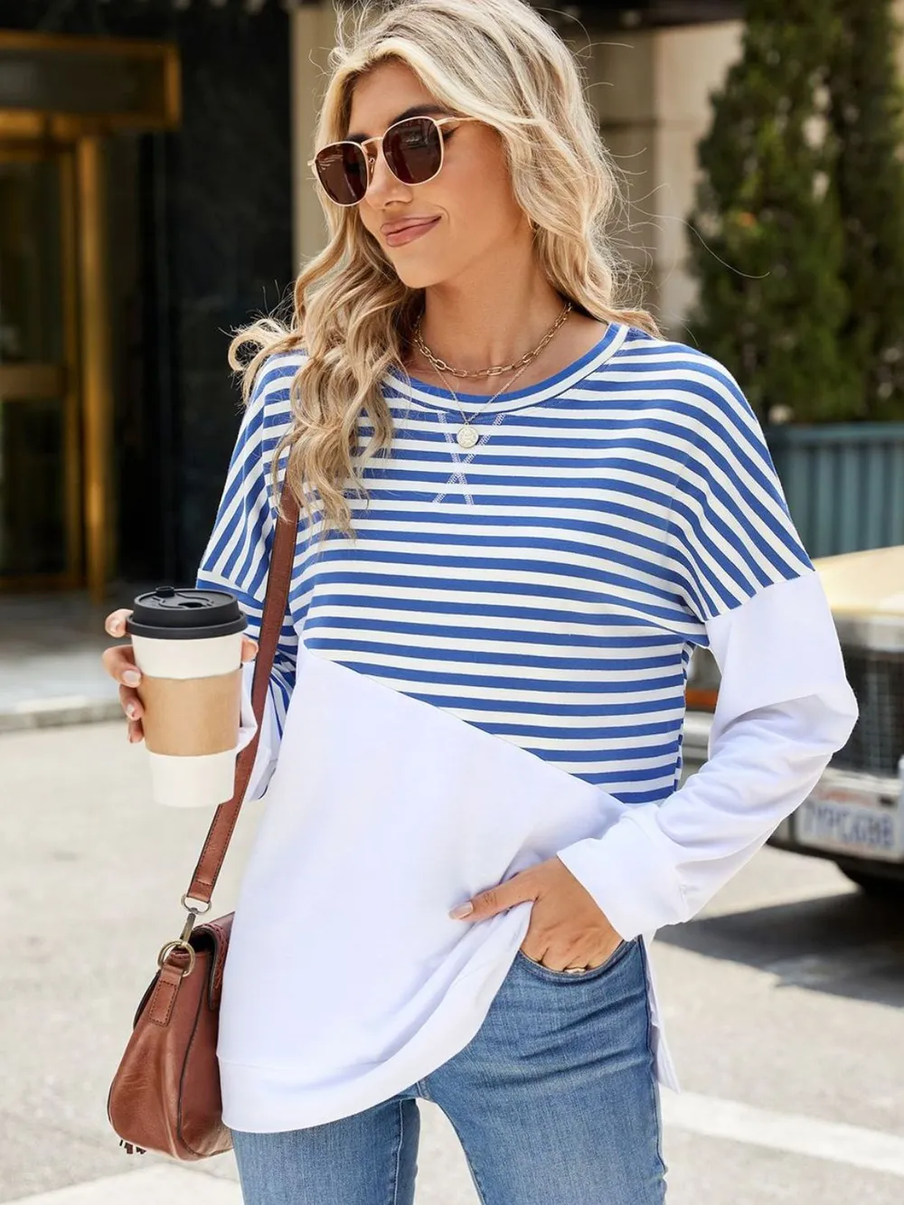 Slit Contrast Striped Long Sleeve Sweatshirt, image 4