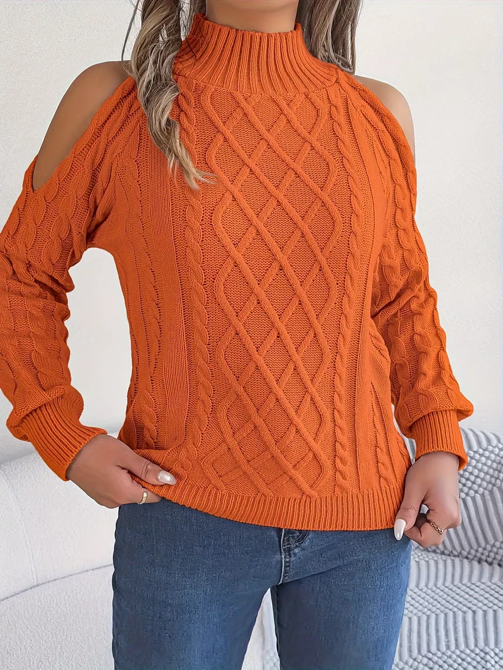 Cable Knit Cold Shoulder Turtleneck Sweater, image 7