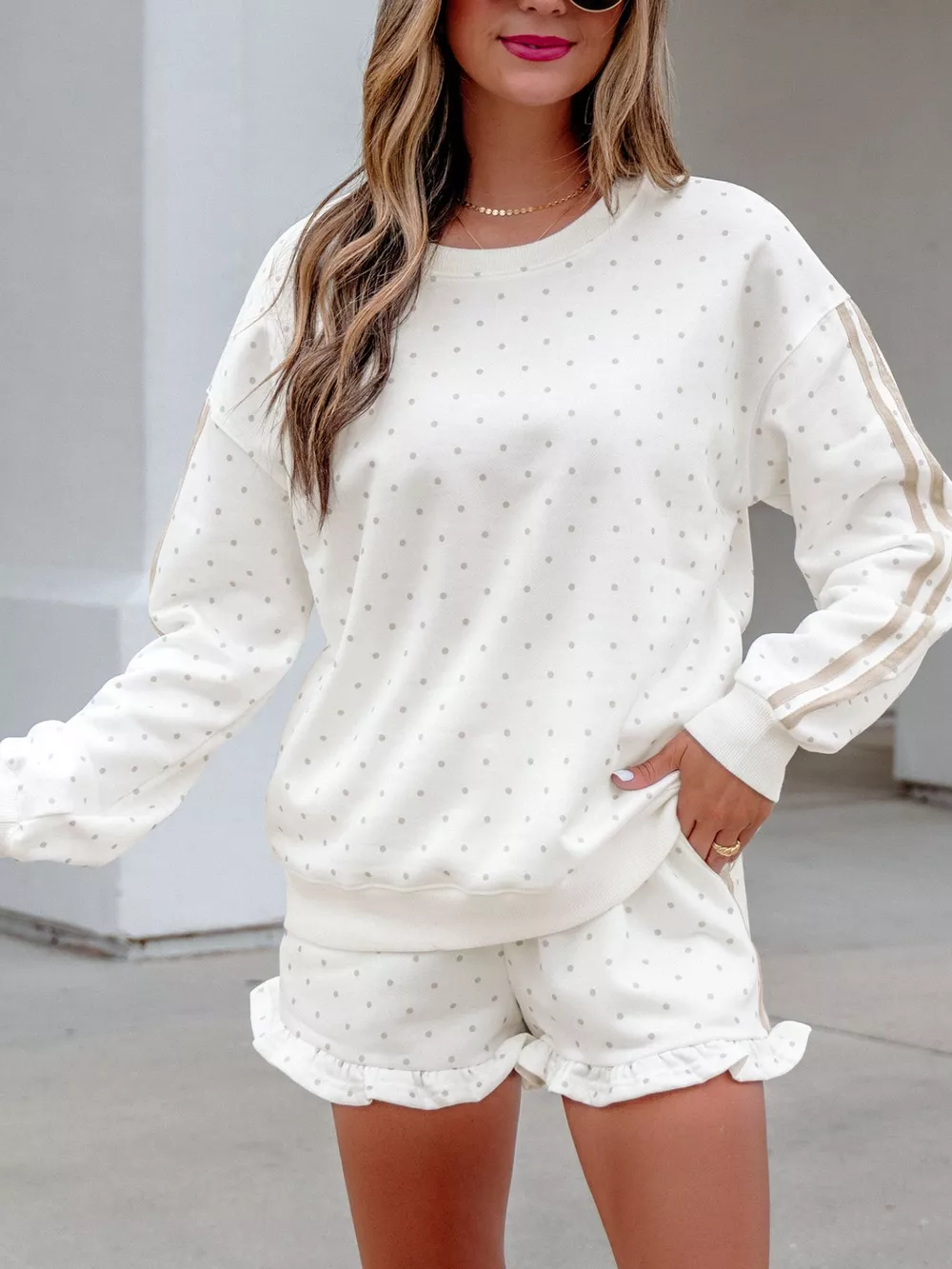 Polka Dot Long Sleeve Sweatshirt and Shorts Set