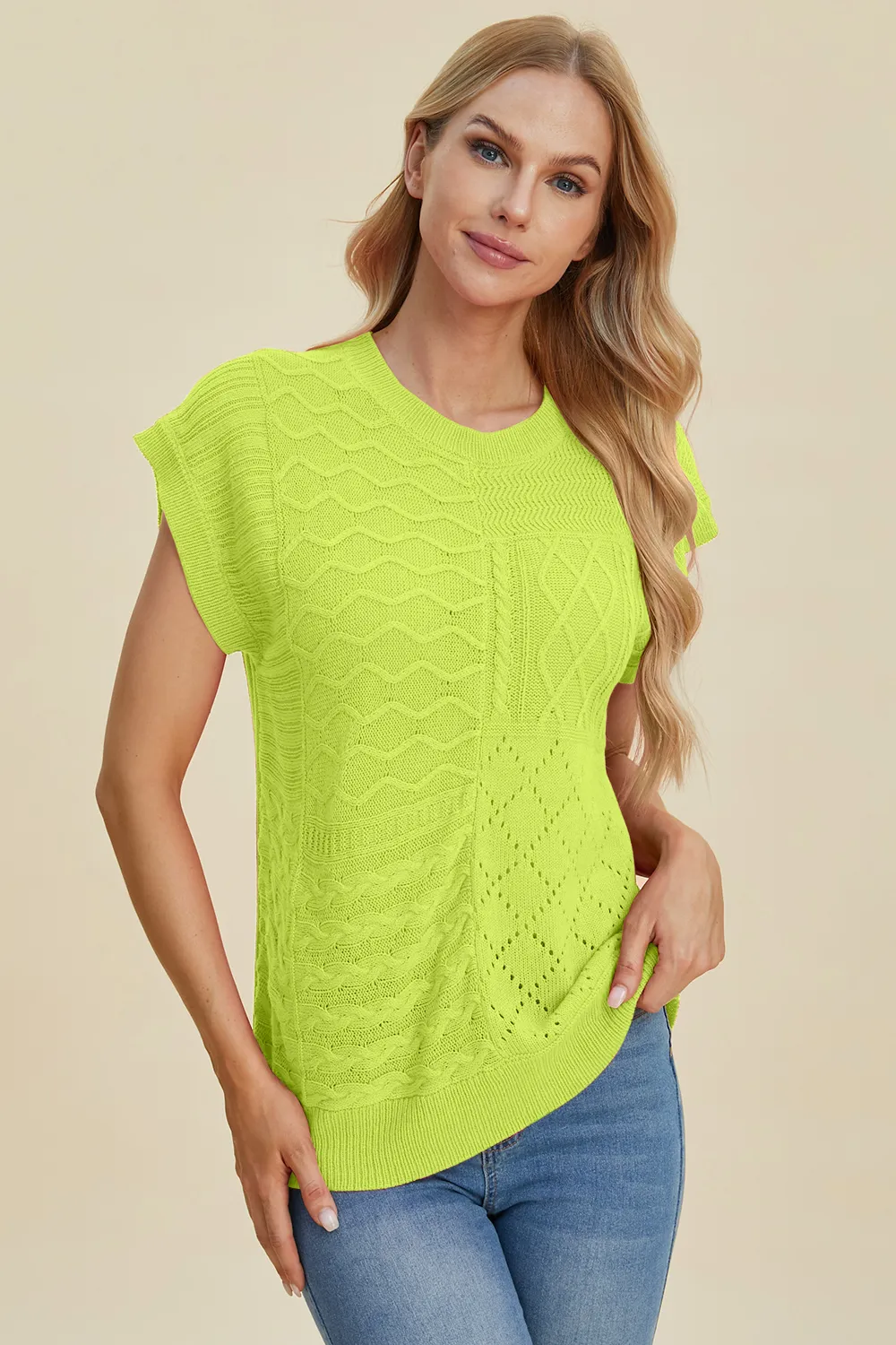 Full Size Cable-Knit Round Neck Cap Sleeve Sweater, image 29