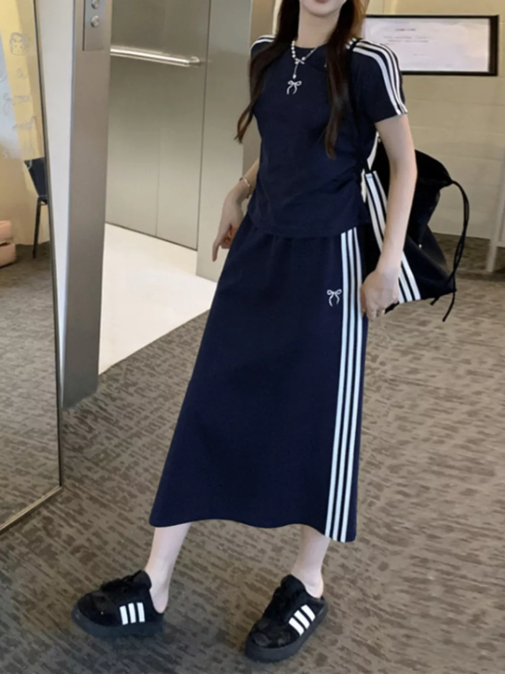 Striped Round Neck Tee and Skirt Set, image 3