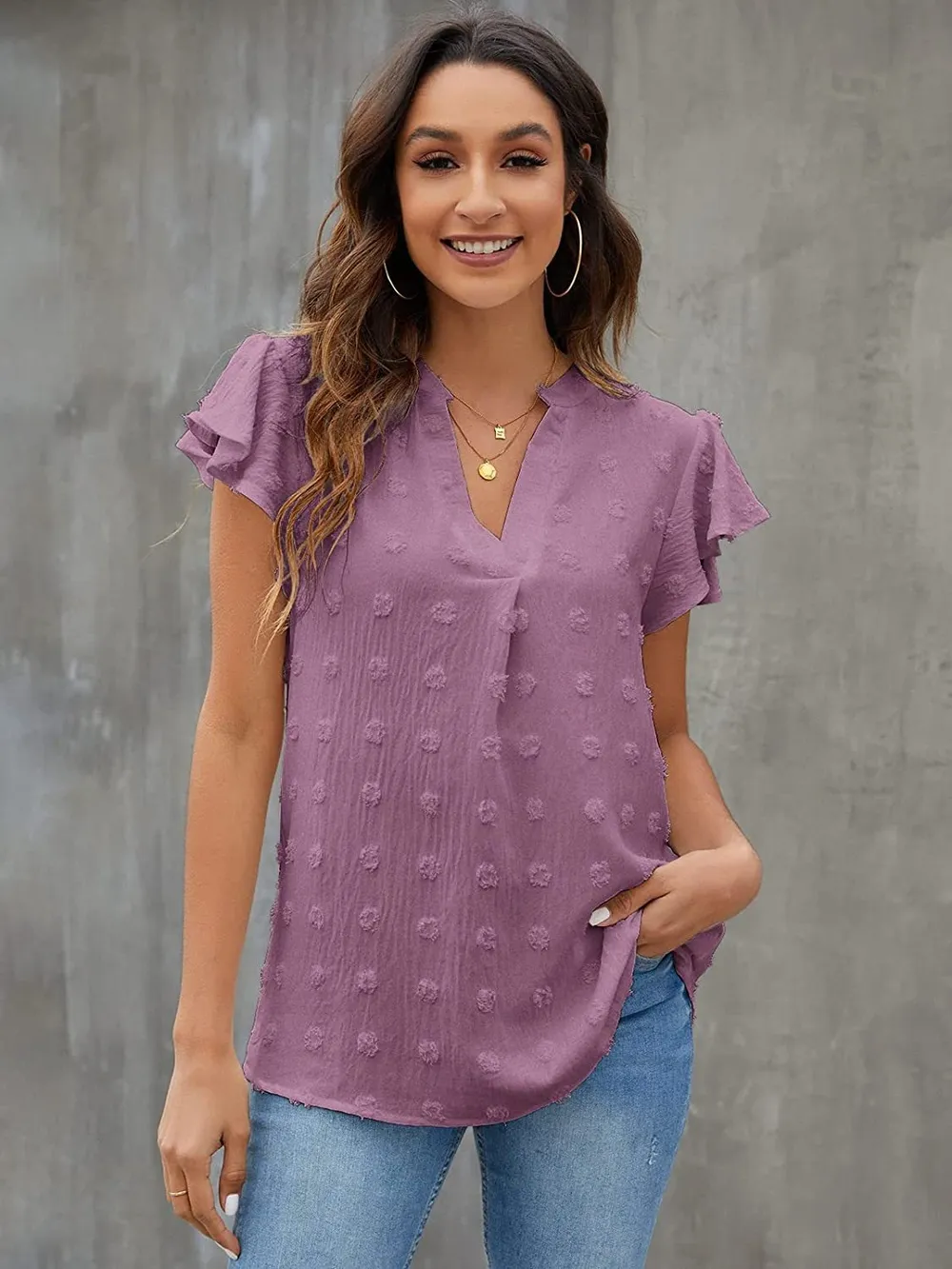Swiss Dot Notched Flutter Sleeve Blouse, image 28