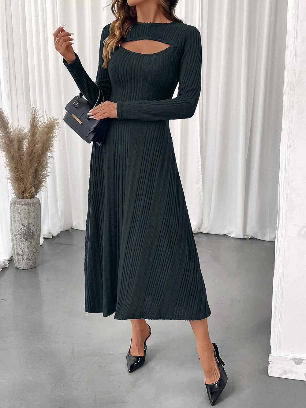 Ribbed Knit Cutout Long Sleeve Midi Dress, image 8