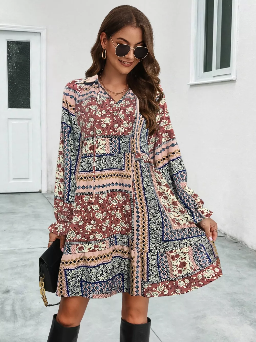 Boho Floral Print Long Sleeve Mini Dress, image 10