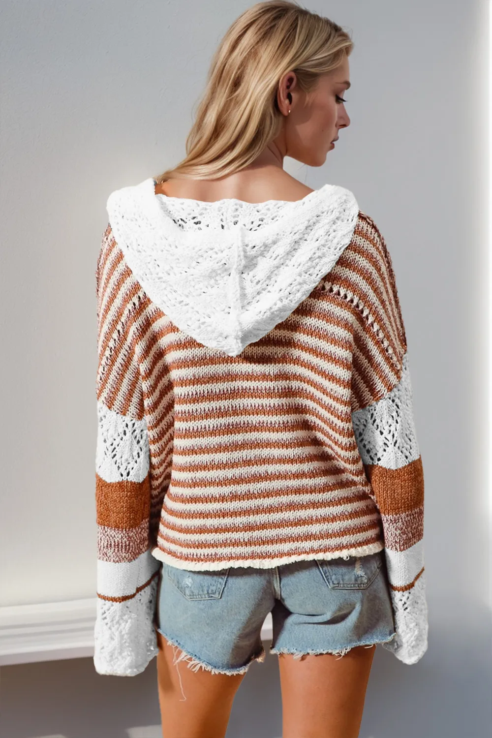 Full Size Openwork Contrast Long Sleeve Hooded Sweater, image 2