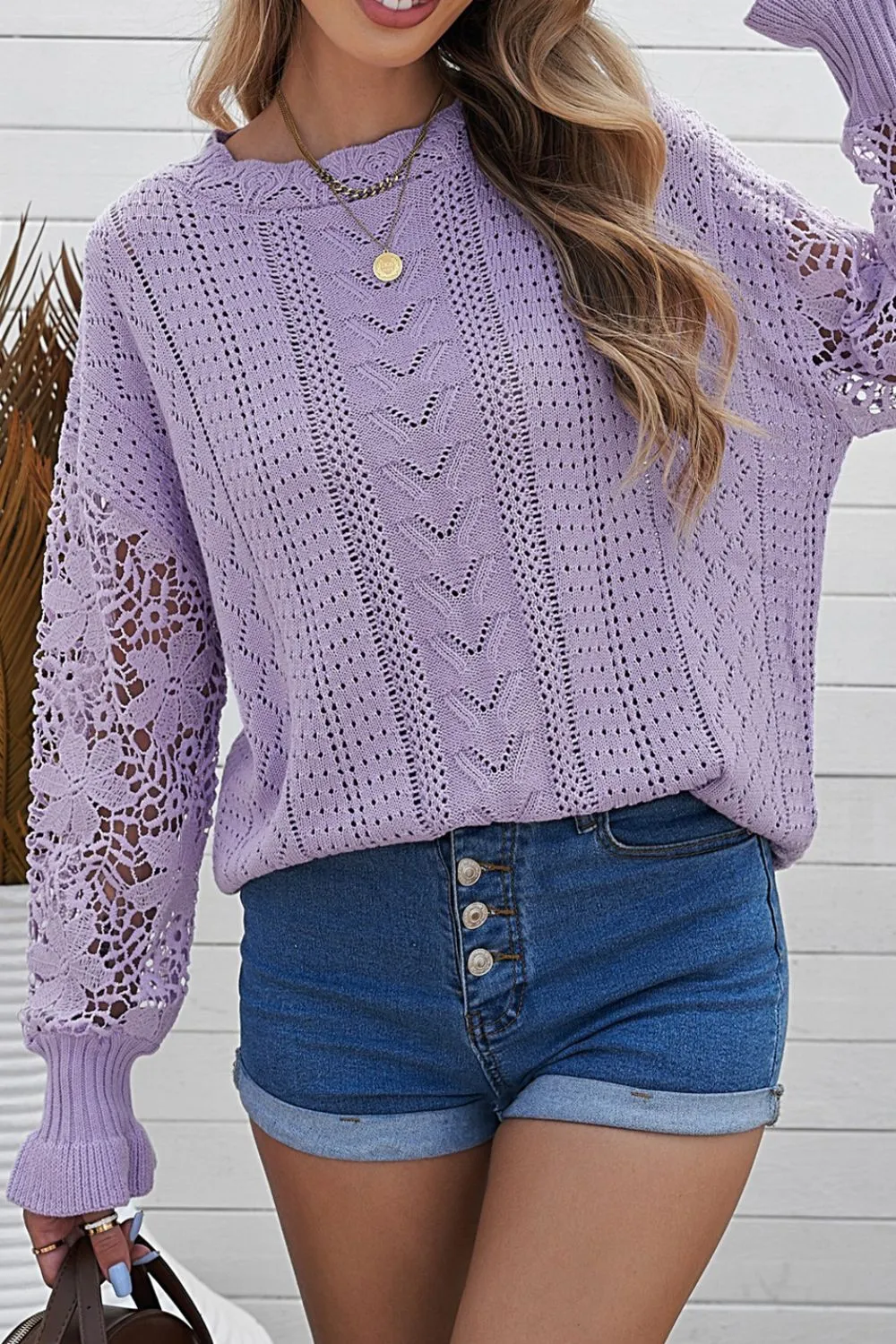 Openwork Round Neck Long Sleeve Sweater, image 19