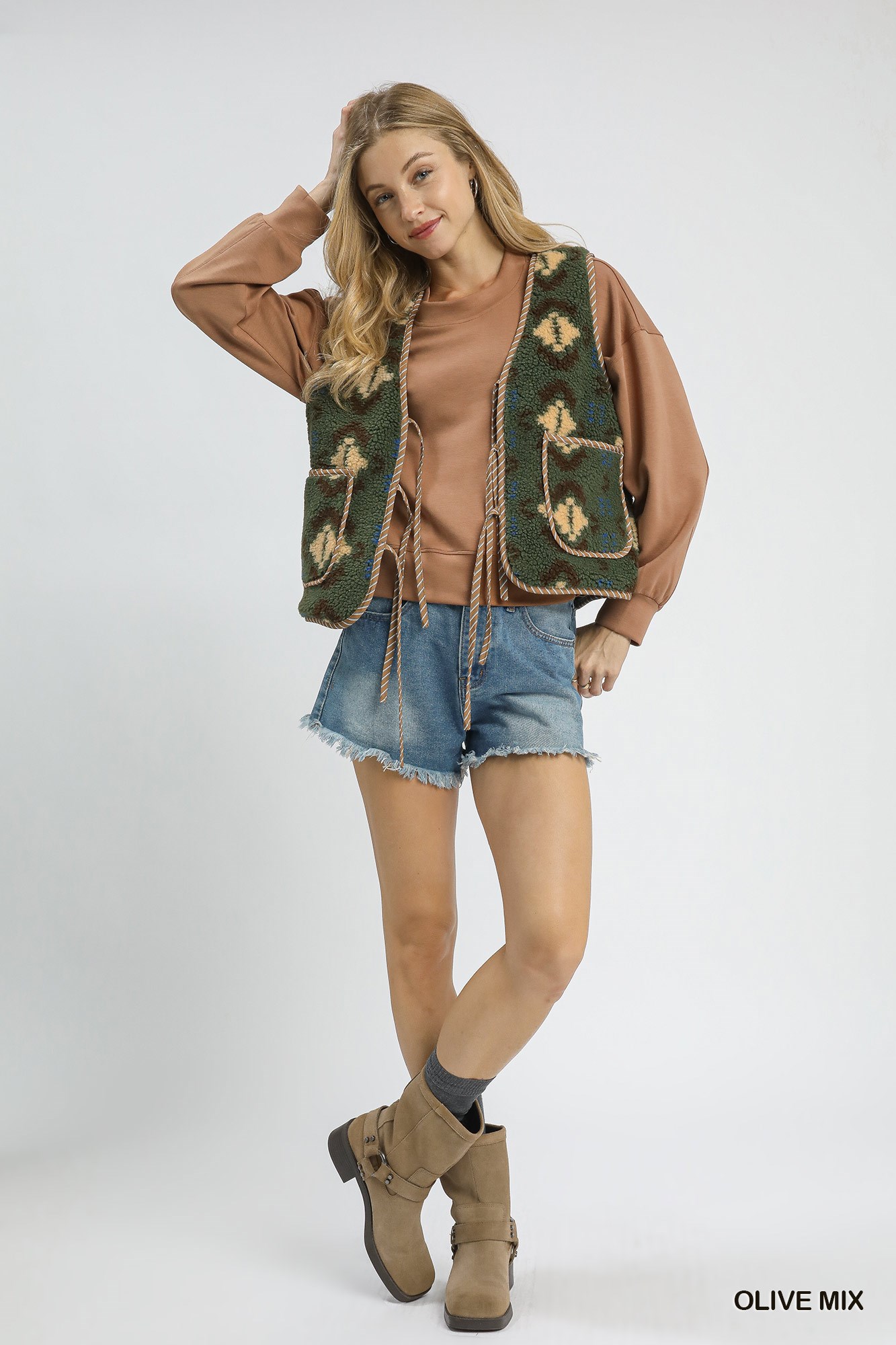 Mix Patterned Sherpa Tie-Front Vest, image 5
