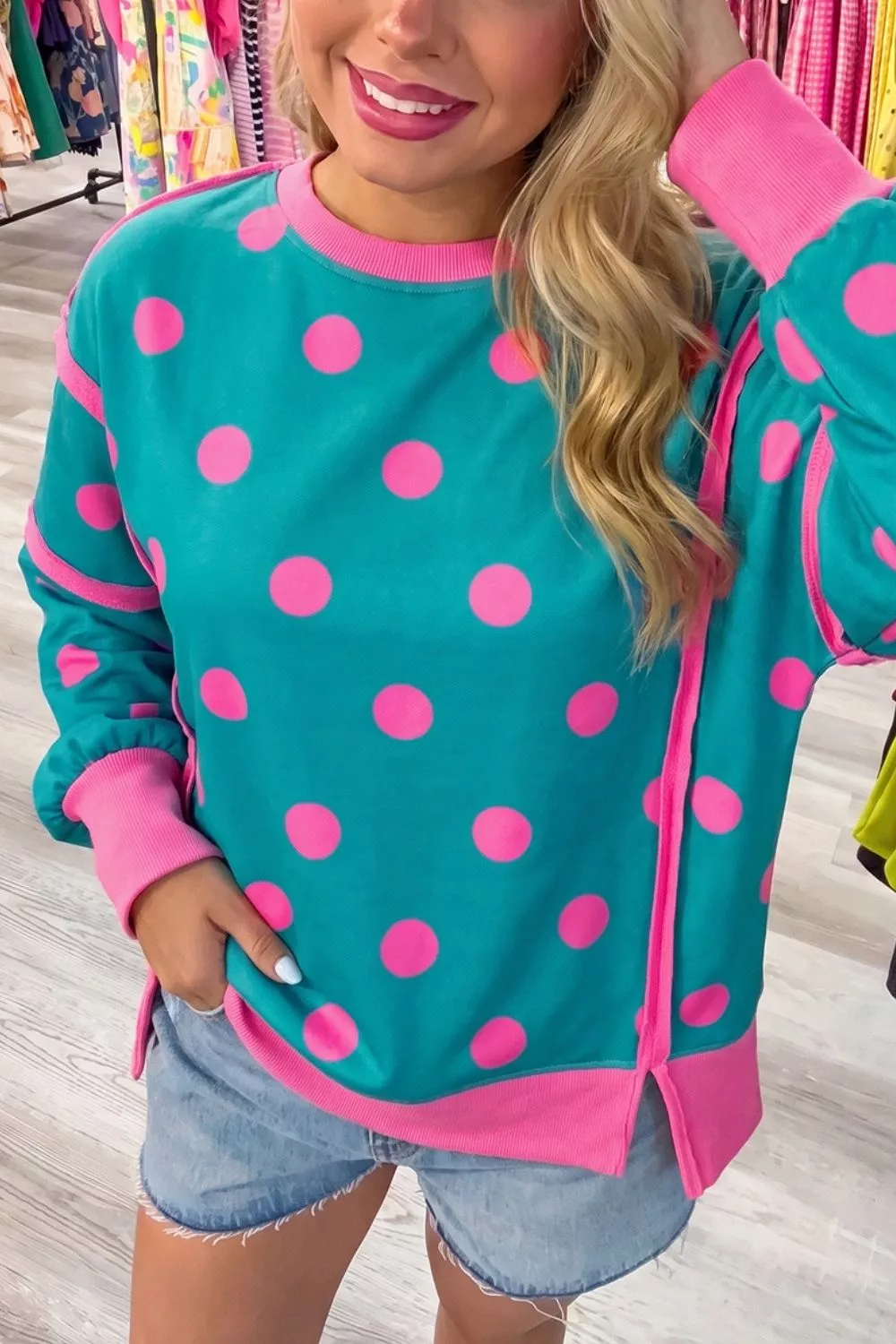 Polka Dot Contrast Patchwork Round Neck Baggy Sweatshirt, image 5