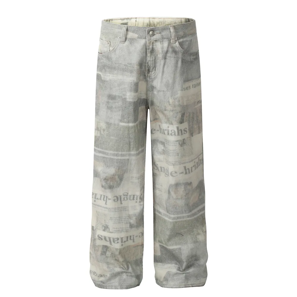 Men's Vintage Newspaper Print Wide Leg Baggy Jeans