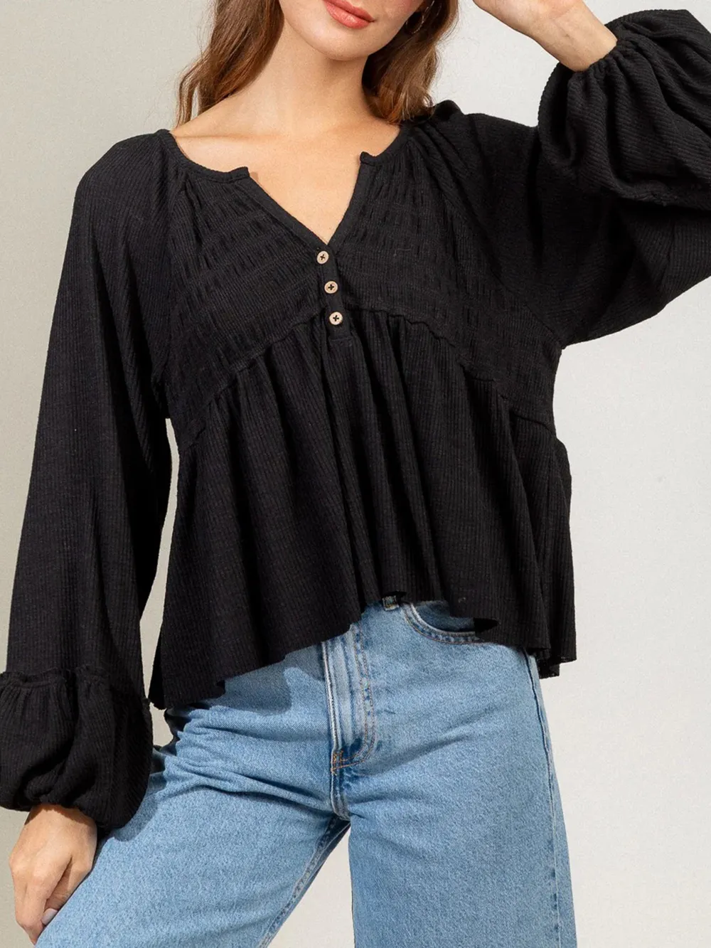 Notched Balloon Sleeve Peplum Blouse, image 6